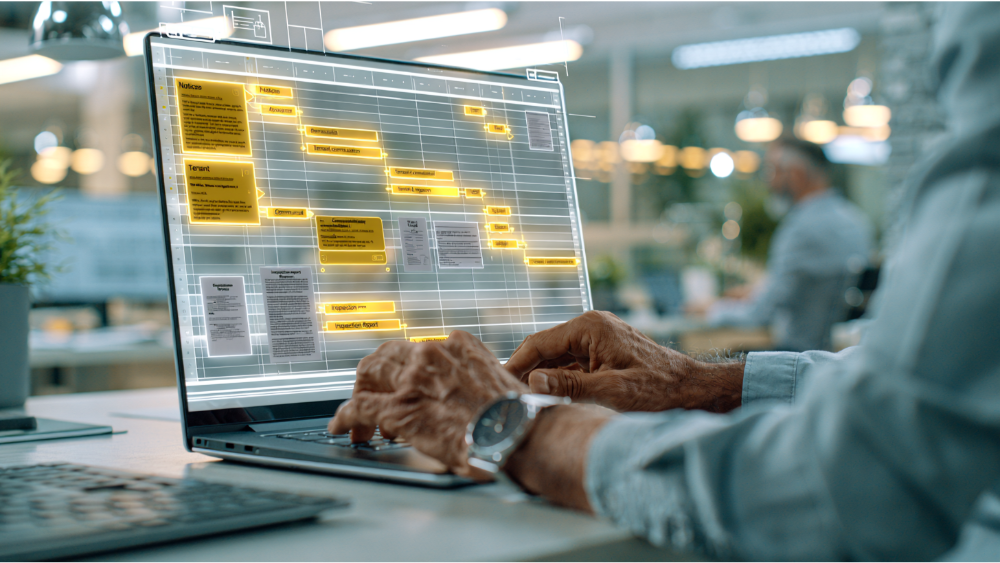 Property manager organizing tenant communication, notices, and supporting evidence on a digital timeline.