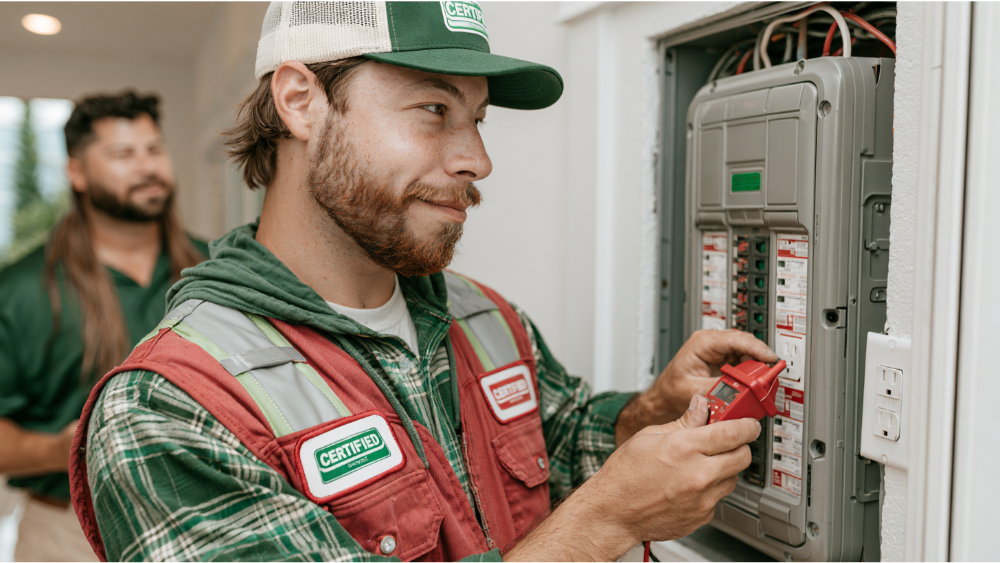 Certified electrician inspecting an electrical panel and outlets in a residential rental property.