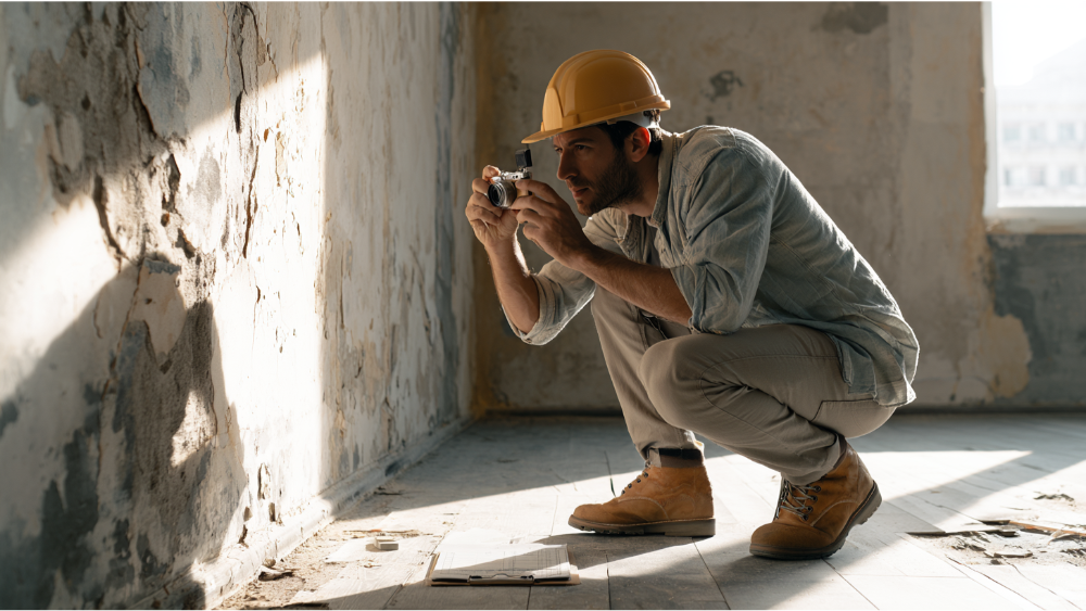 Property manager photographing damage inside a rental property for documentation purposes.