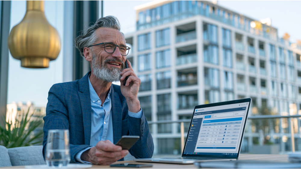 Professional property manager communicating with tenants using a laptop and smartphone in a modern apartment office.