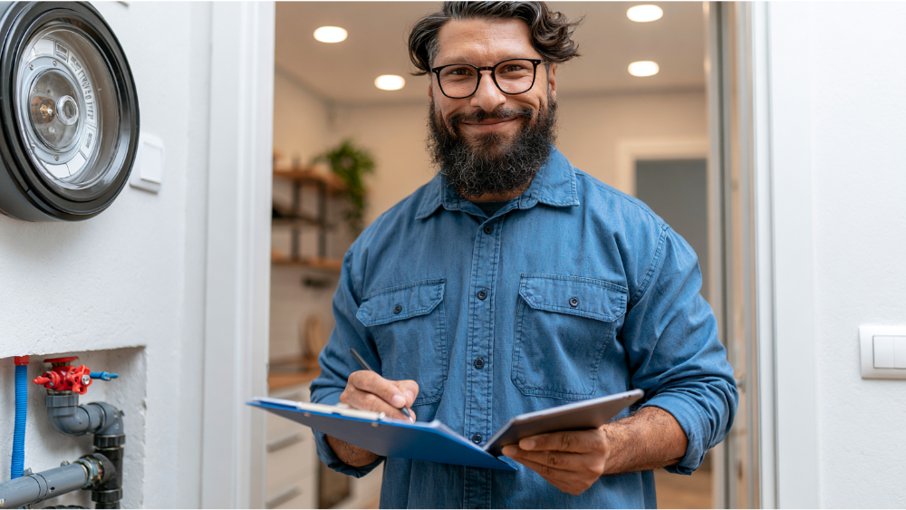 Property manager inspecting a rental property for maintenance issues with a checklist and repair documents.