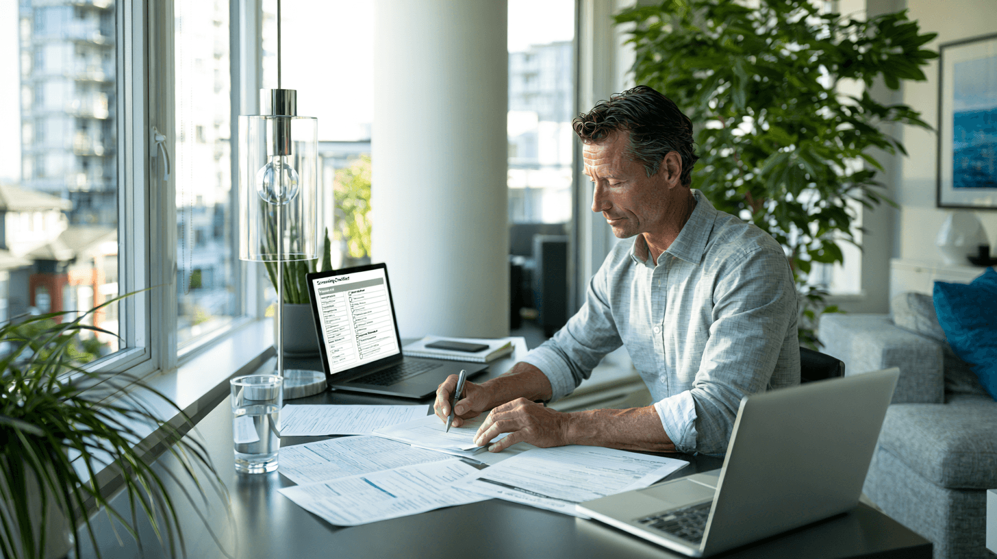 Landlord reviewing a tenant application with rental documents, credit report, and laptop before approving a tenant.