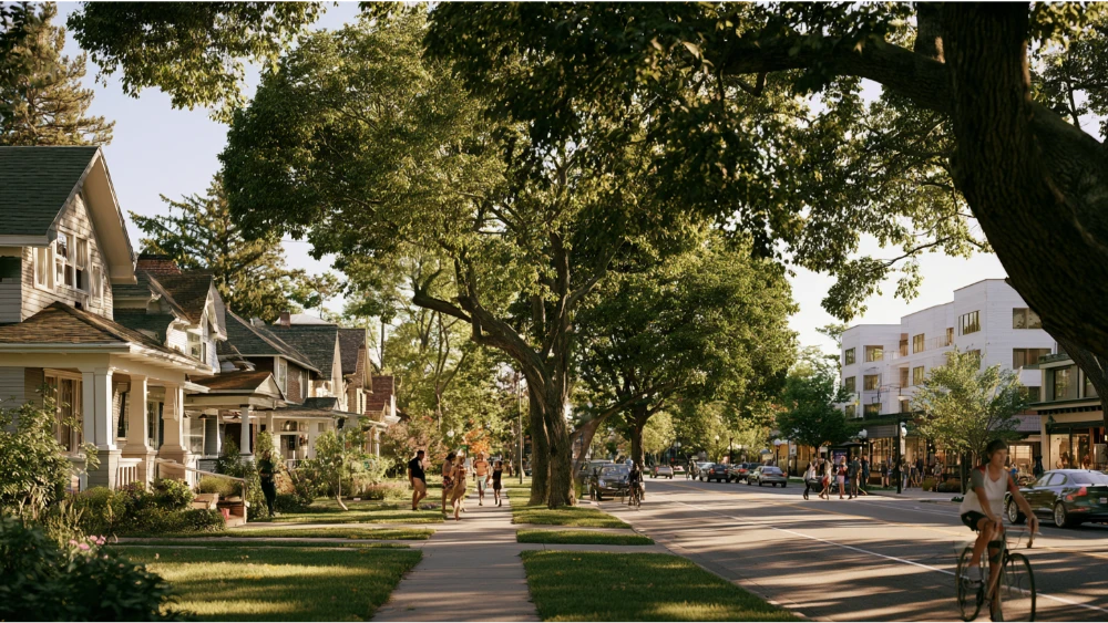 Diverse Ann Arbor Michigan neighborhoods with historic homes, apartments, commercial streets, and cyclists