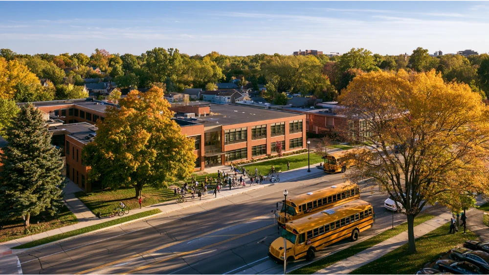 Ann Arbor Michigan school and university environment with students, families, and campus buildings