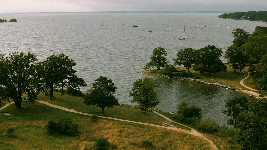 Chesapeake Bay shoreline near Annapolis, Maryland with waterfront parkland, boats, and low-lying coastal areas
