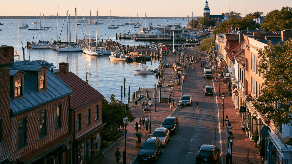 Historic Annapolis, Maryland waterfront with brick buildings, boats, and pedestrians near City Dock