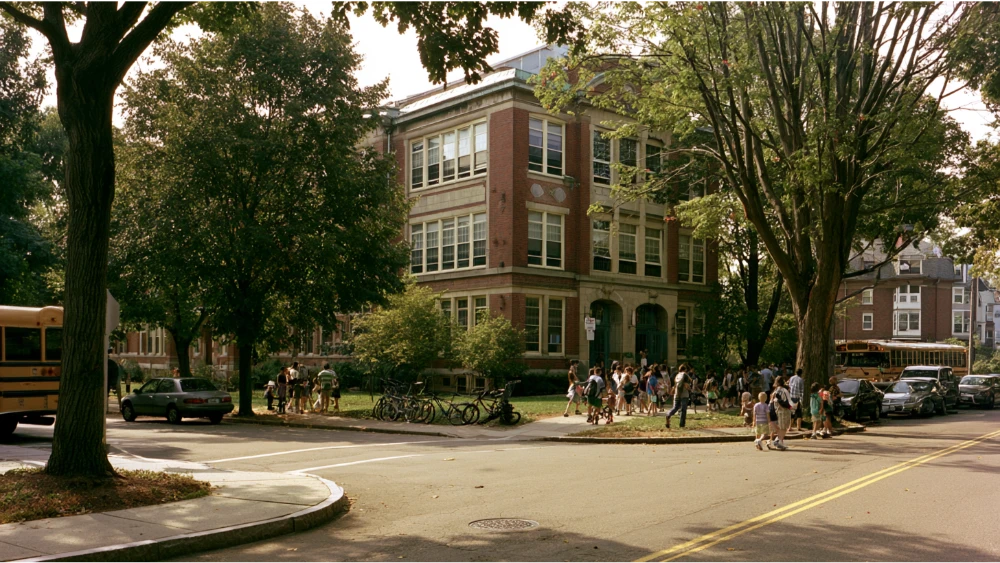 Cambridge Massachusetts public school campus with students, families, and urban neighborhood surroundings
