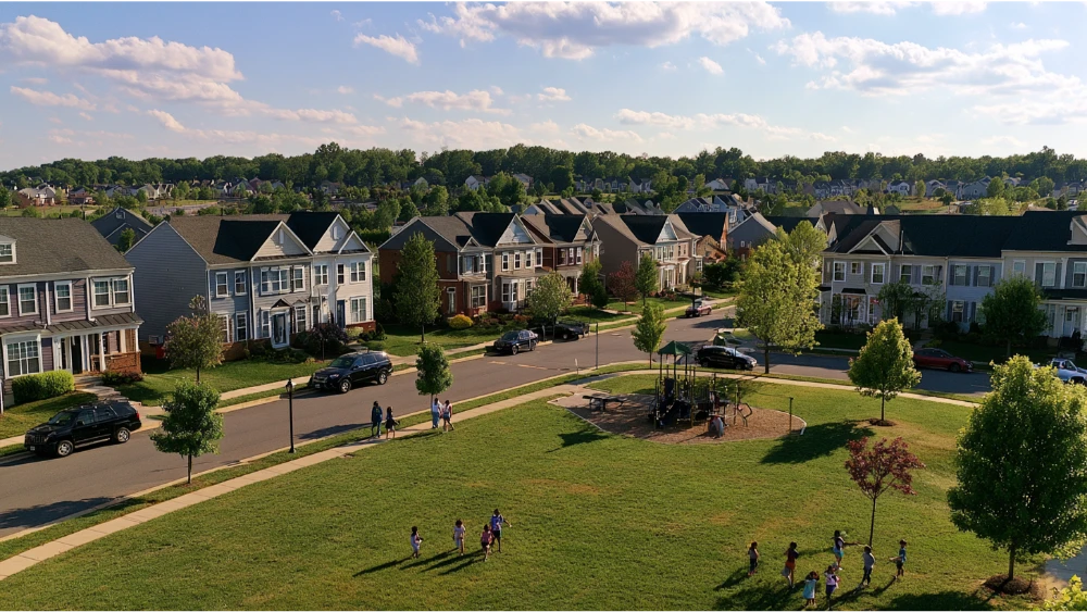 Clarksburg Maryland neighborhood with townhomes, detached houses, sidewalks, green spaces, and community amenities.