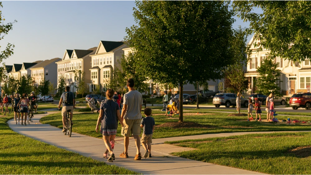 Everyday life in Clarksburg Maryland with residents, newer neighborhoods, local streets, and outdoor spaces.