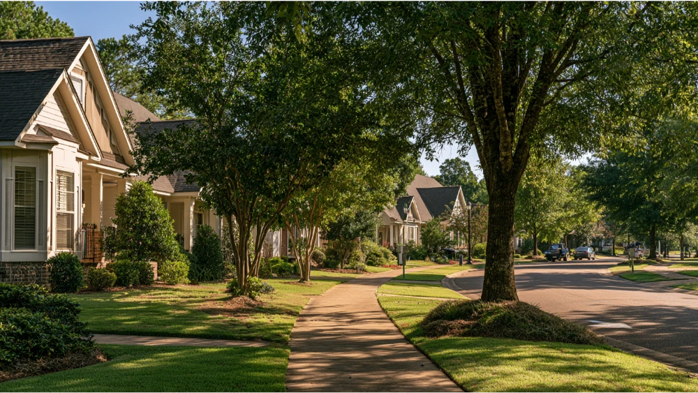 Flowood Mississippi suburban community with modern development, mature trees, and everyday local activity