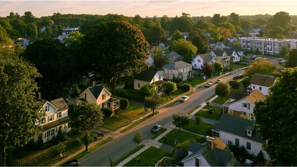 Franklin Massachusetts residential neighborhood with historic homes, newer housing, and tree-lined streets
