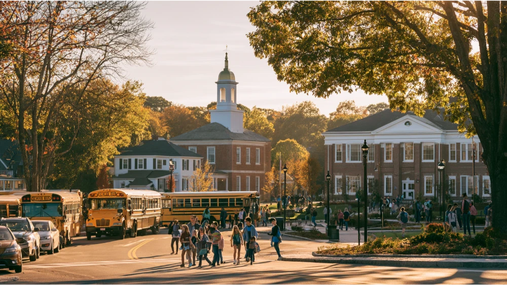 Franklin Massachusetts school and college setting with students and New England campus surroundings