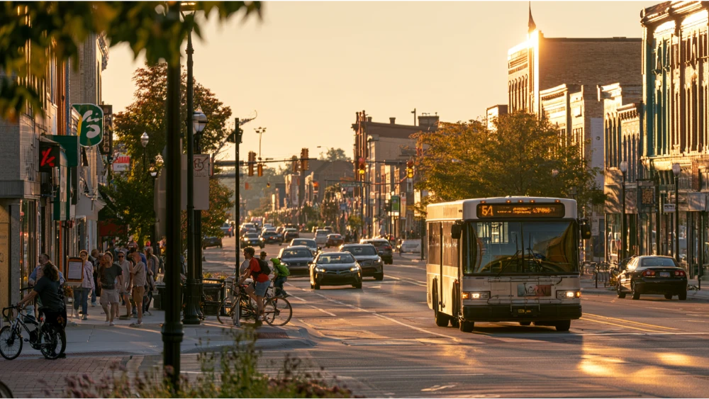Holland Michigan transportation with downtown streets, bicycles, buses, and everyday traffic