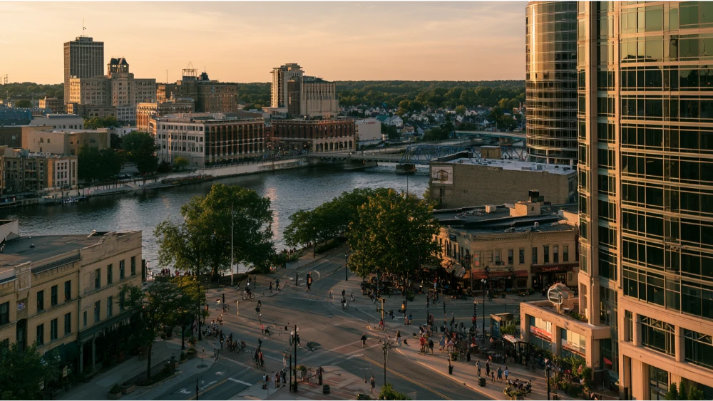 Grand Rapids Michigan skyline, Grand River, downtown streets, and surrounding neighborhoods