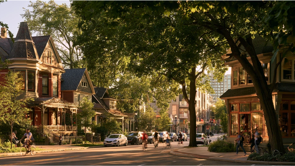 Diverse Grand Rapids Michigan neighborhoods with historic homes, apartments, businesses, and city streets