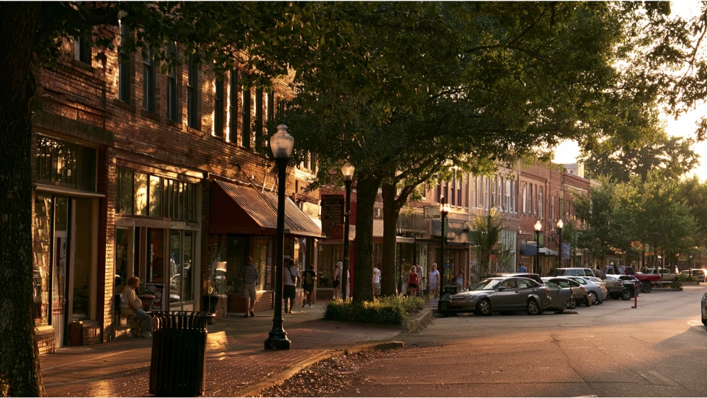 Authentic Hattiesburg Mississippi streetscape showing historic downtown character, mature trees, local businesses, and everyday city life