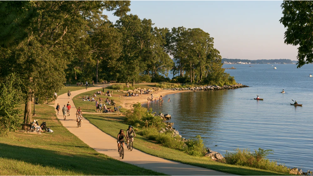 People enjoying beaches, trails, boating, and Chesapeake Bay views around Kent Island Maryland.