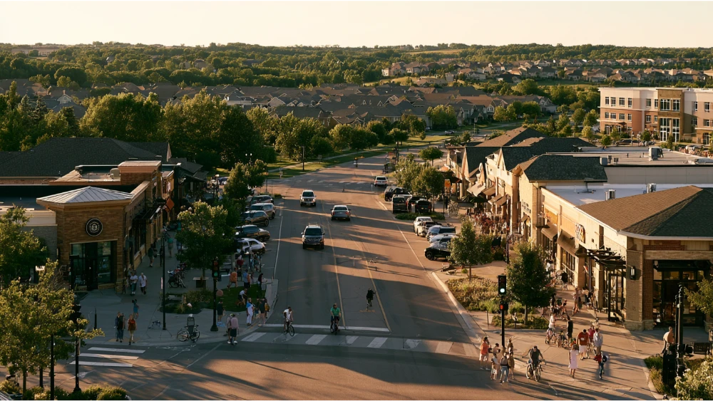 A realistic view of Lakeville, Minnesota showing suburban neighborhoods, local roads, lakes, parks, and everyday community life.