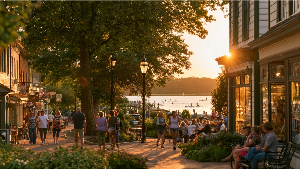 People enjoying restaurants, local shops, arts, and waterfront activities around Leonardtown Maryland Town Square and Wharf.