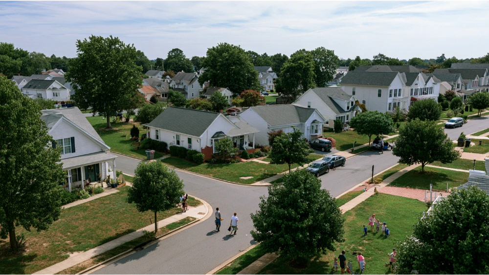 Residential neighborhood in Leonardtown Maryland with traditional homes, tree-lined streets, and local community life.