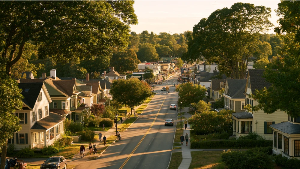 Lexington, Massachusetts town center with historic homes, tree-lined streets, and everyday community activity