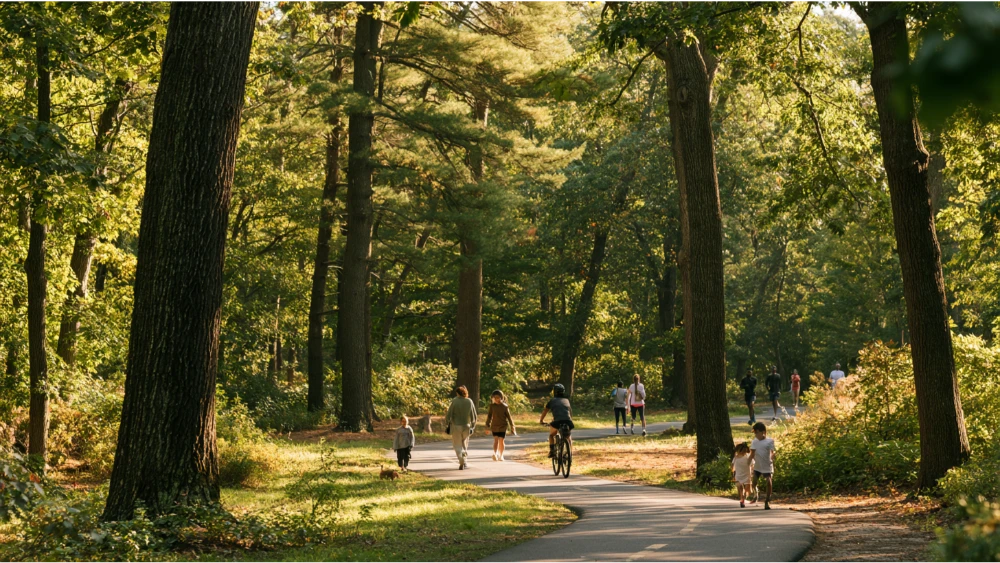 Lexington Battle Green with historic buildings, mature trees, and visitors exploring the historic site