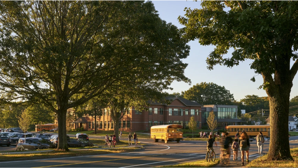 Marlborough Massachusetts public school campus with students and families arriving