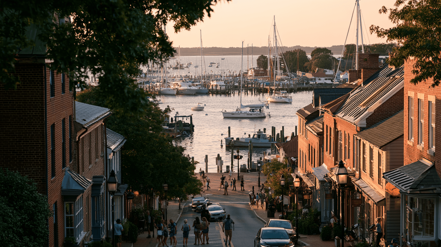 Annapolis, Maryland waterfront with historic buildings, boats, pedestrians, and Chesapeake Bay scenery