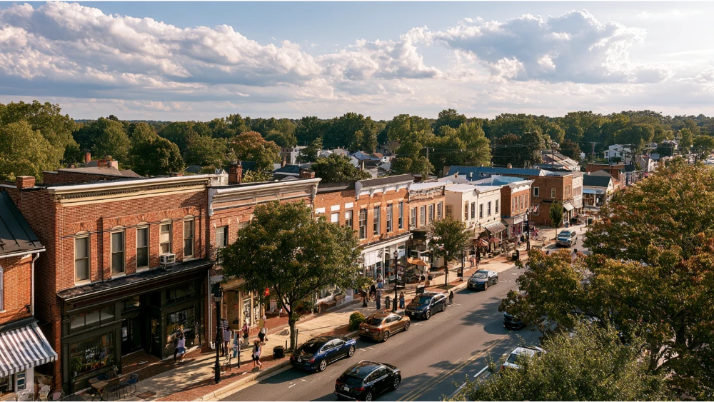 Bel Air, Maryland streetscape with historic downtown buildings, trees, pedestrians, and local community activity