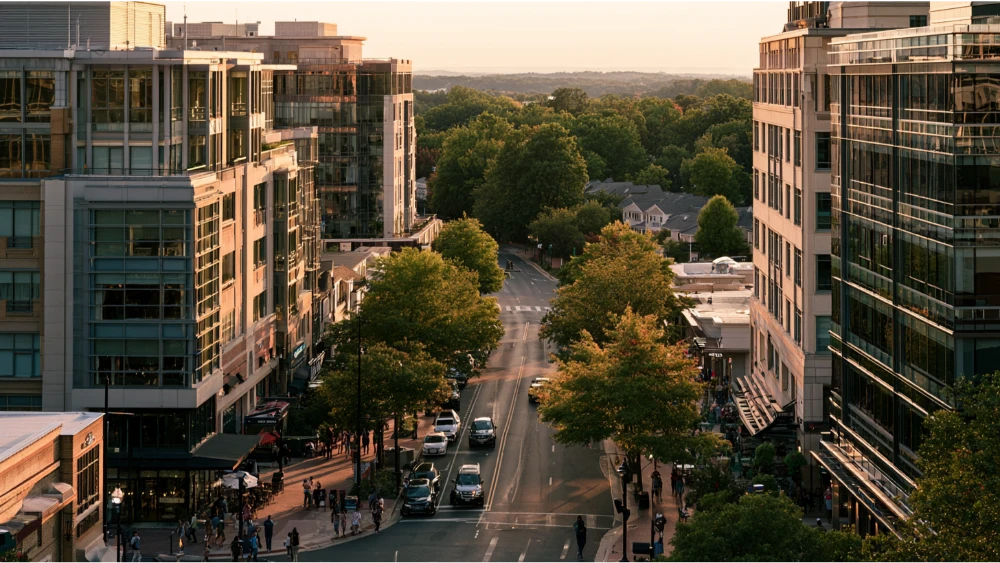 Bethesda, Maryland streetscape showing downtown buildings, tree-lined residential streets, and local community life