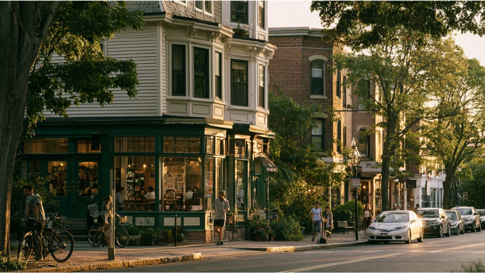 Everyday walkable city life in Cambridge Massachusetts with residential streets, shops, and pedestrians