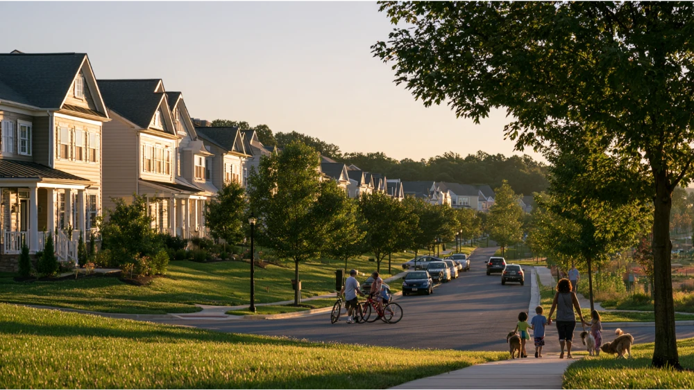 Clarksburg Maryland suburban community with newer homes, tree-lined streets, residents, and nearby natural spaces.