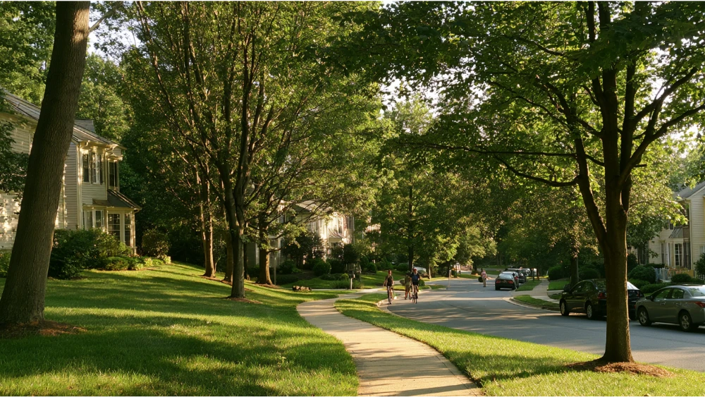 Columbia Maryland residential neighborhood with mature trees, pathways, homes, and green open space