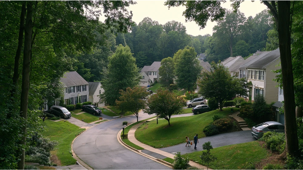 Established Ellicott City Maryland residential neighborhood with mature trees, suburban homes, sidewalks, and everyday local activity