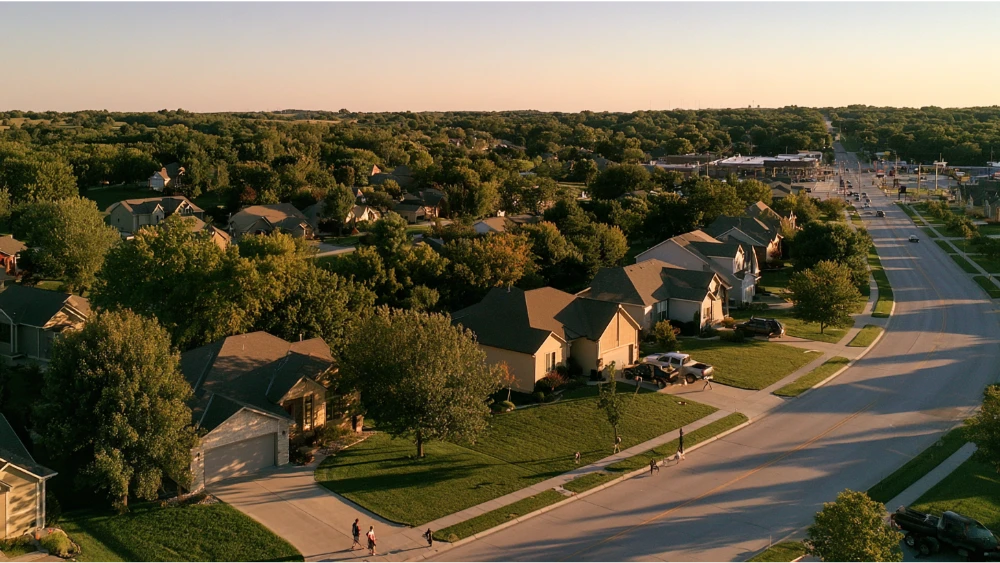Authentic Gardner, Kansas neighborhood with newer homes, mature trees, local residents, and small-town suburban life