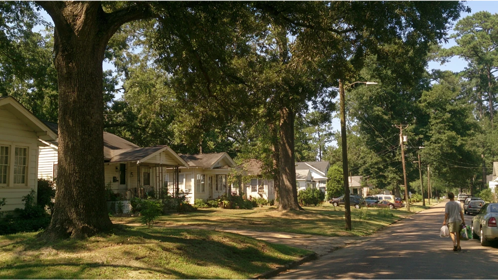 Real Hattiesburg Mississippi residential street with established homes, mature trees, parked cars, and everyday local activity