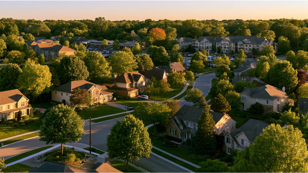 Everyday suburban life in Novi Michigan with homes, businesses, residents, and local roads