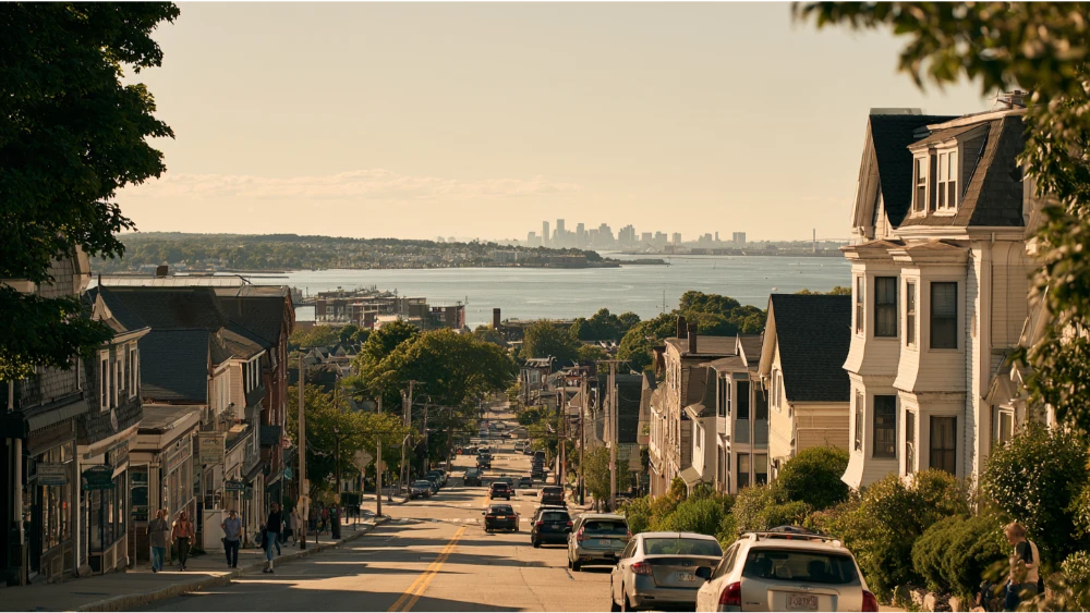 Quincy Massachusetts waterfront cityscape with Boston Harbor,
