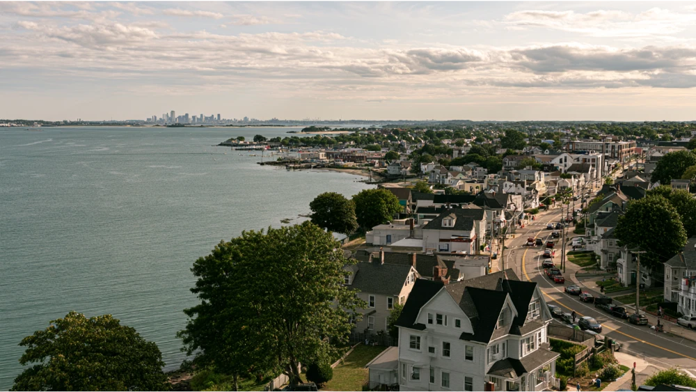 Quincy Massachusetts waterfront cityscape with Boston Harbor, residential neighborhoods, and urban coastal character