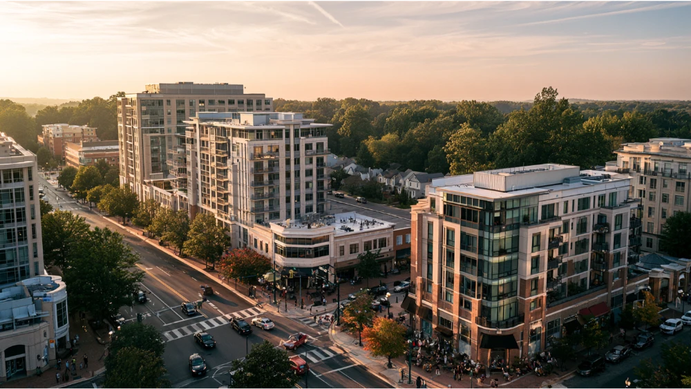 Rockville, Maryland streetscape with downtown buildings, pedestrians, mature trees, and suburban surroundings