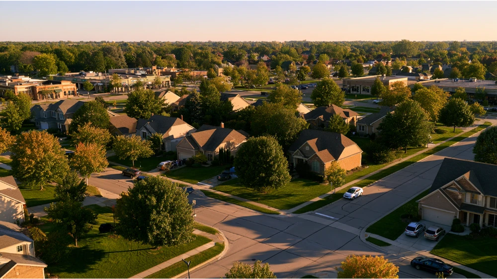 Everyday suburban life in Troy Michigan with residential streets, local businesses, and commuters