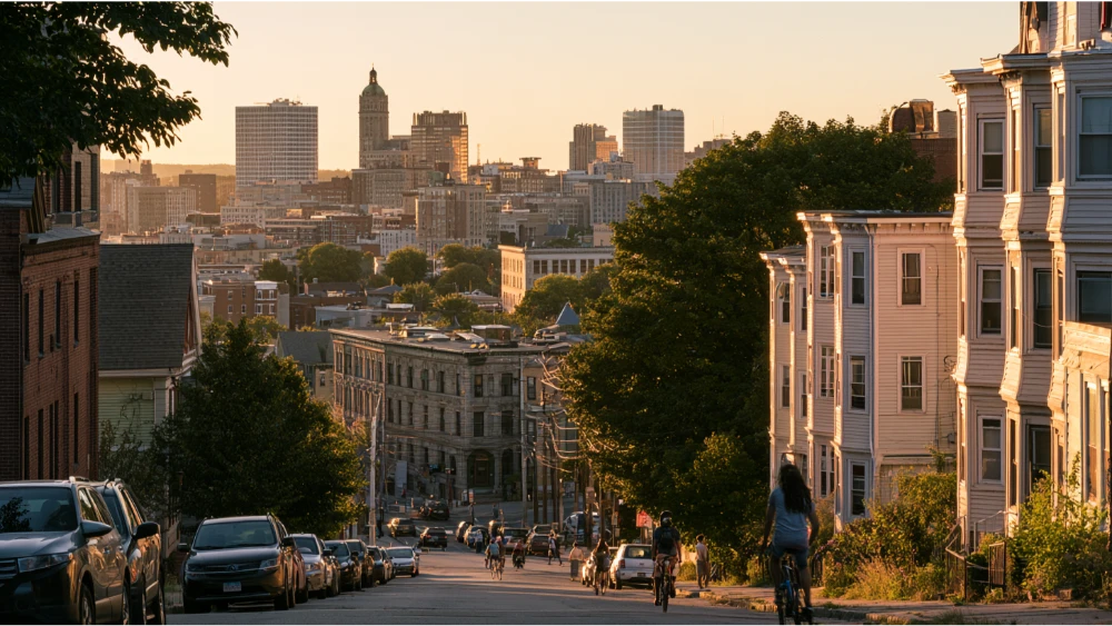 Worcester Massachusetts skyline and neighborhoods with historic homes and everyday city activity