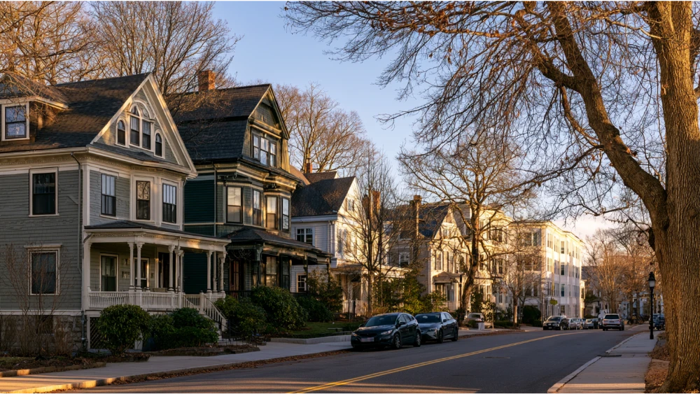 Newton Massachusetts residential neighborhood showing historic homes, multifamily housing, and the city's high-value housing market.