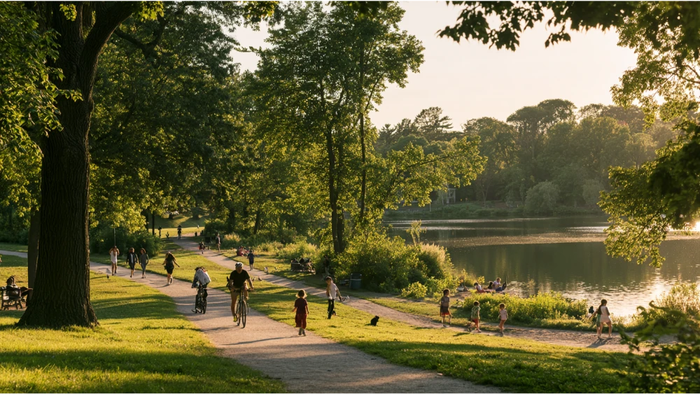 Newton Massachusetts residents enjoying parks, walking trails, Crystal Lake, and community recreation in the Garden City.