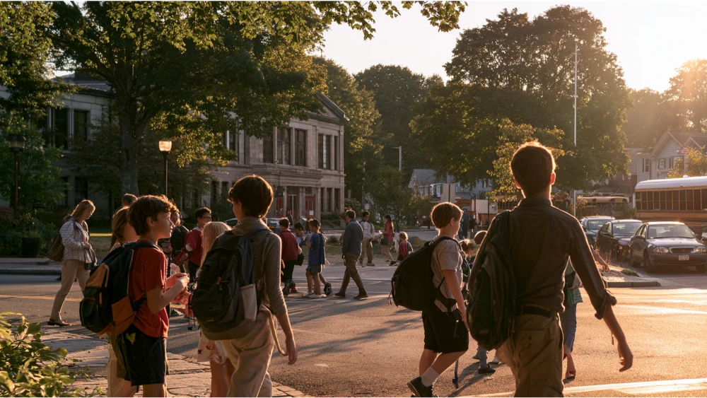 Families and students outside a Newton Massachusetts public school in a leafy residential neighborhood.