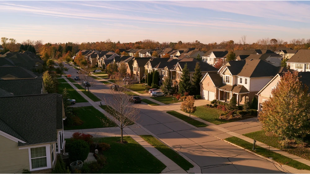 Novi Michigan suburban landscape with residential neighborhoods, commercial corridors, parks, and highways