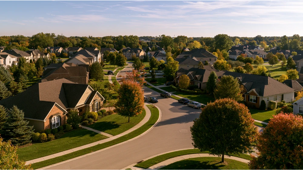 Novi Michigan neighborhoods with subdivisions, apartments, townhomes, parks, and commercial corridors