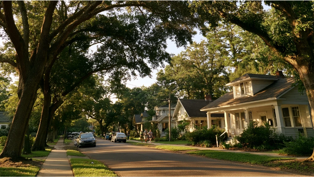 Ocean Springs Mississippi coastal neighborhood with homes, trees, and everyday community life