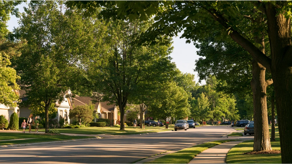 A realistic view of Okemos, Michigan showing suburban neighborhoods, shopping corridors, mature trees, and everyday community life.