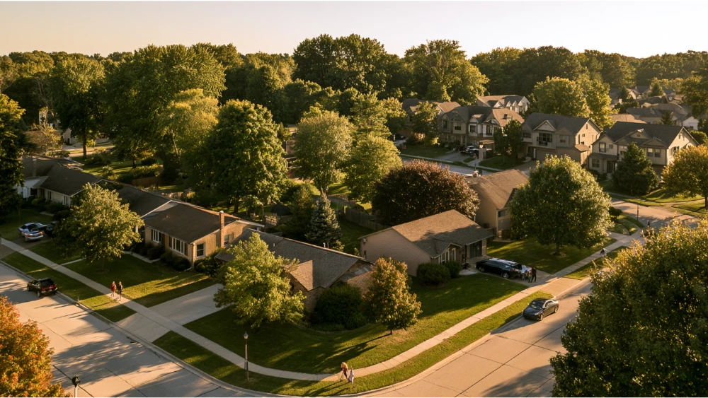 A realistic Okemos residential neighborhood showing established homes, mature trees, sidewalks, and varied suburban housing.